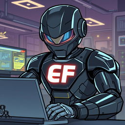 A cool, sleek black robot is illustrated intently working at a computer