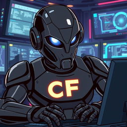 A cool, sleek black robot is illustrated intently working at a computer