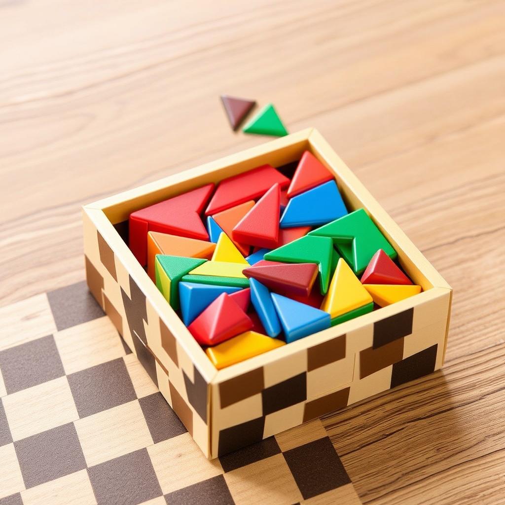 Design an attractive tangram magnet set featuring colorful tangram pieces in various shapes neatly placed inside a chessboard-style box packaging