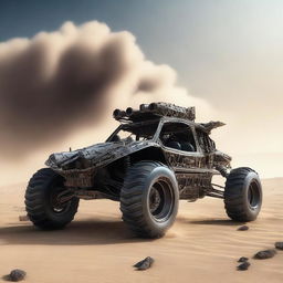 A digital art of a car constructed from scrap metal, appearing as an armored buggy