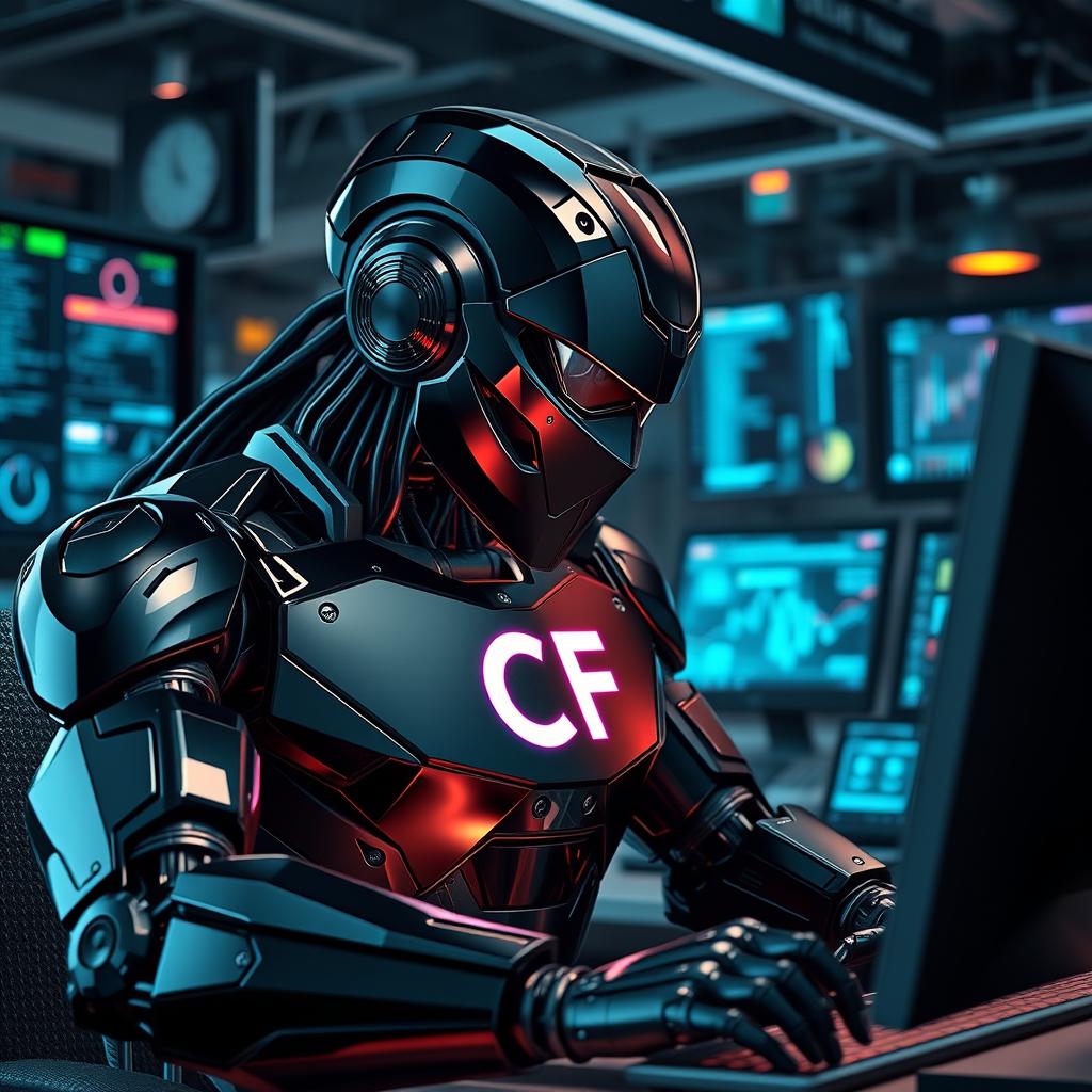 A powerful and sleek black robot is depicted intensely working at a computer