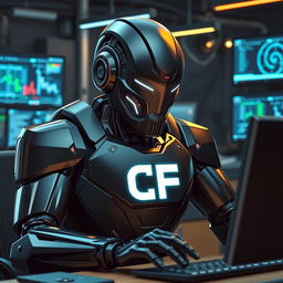 A powerful and sleek black robot is depicted intensely working at a computer