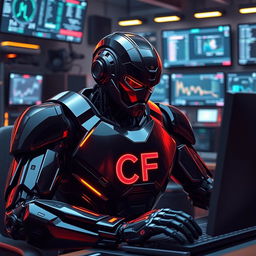 A powerful and sleek black robot is depicted intensely working at a computer