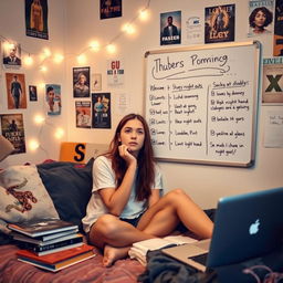 A college student sitting in their dorm room, documenting their plans for the week on a whiteboard, emphasizing limits on night outs