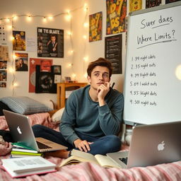 A college student sitting in their dorm room, documenting their plans for the week on a whiteboard, emphasizing limits on night outs