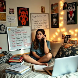 A college student sitting in their dorm room, documenting their plans for the week on a whiteboard, emphasizing limits on night outs