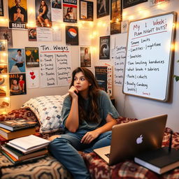 A college student sitting in their dorm room, documenting their plans for the week on a whiteboard, emphasizing limits on night outs