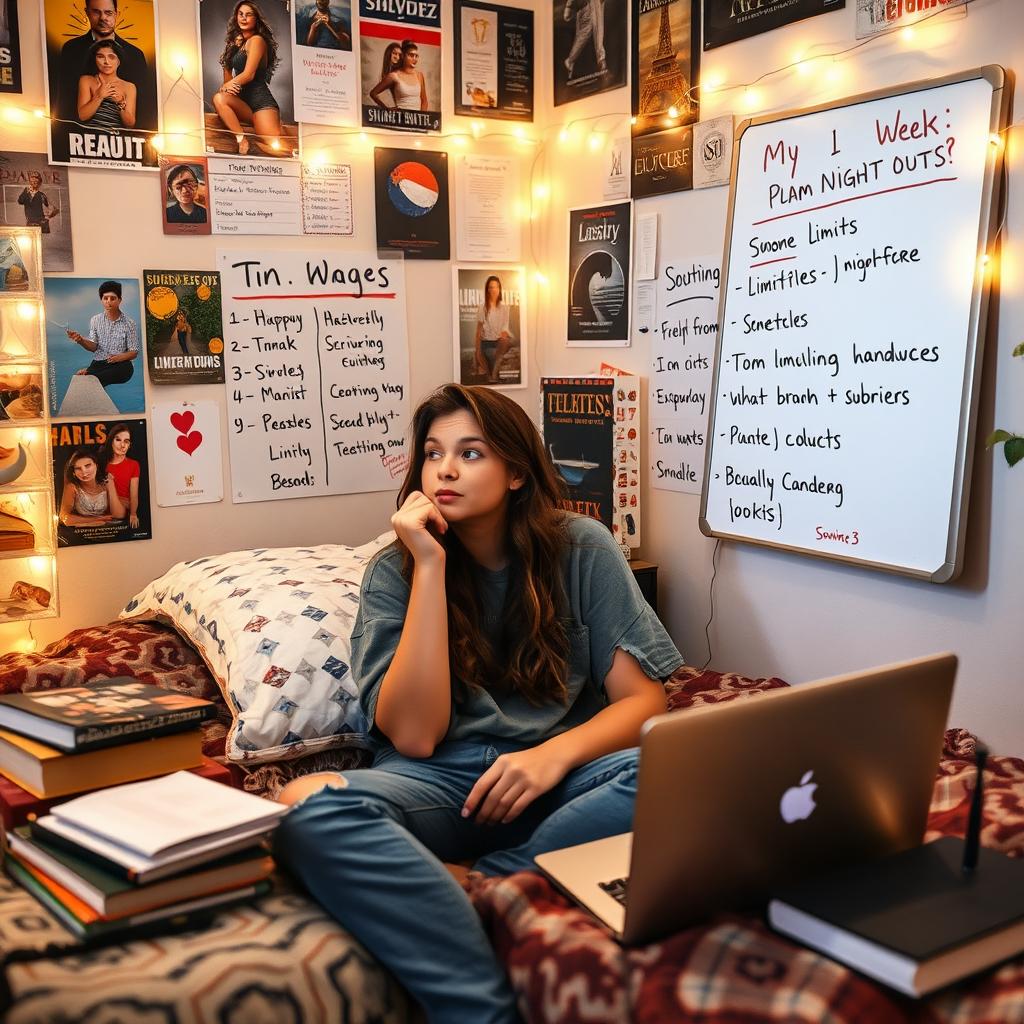 A college student sitting in their dorm room, documenting their plans for the week on a whiteboard, emphasizing limits on night outs