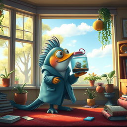 A whimsical scene featuring a fish wearing a stylish coat, holding a fish tank in its fin, gazing out of a large window