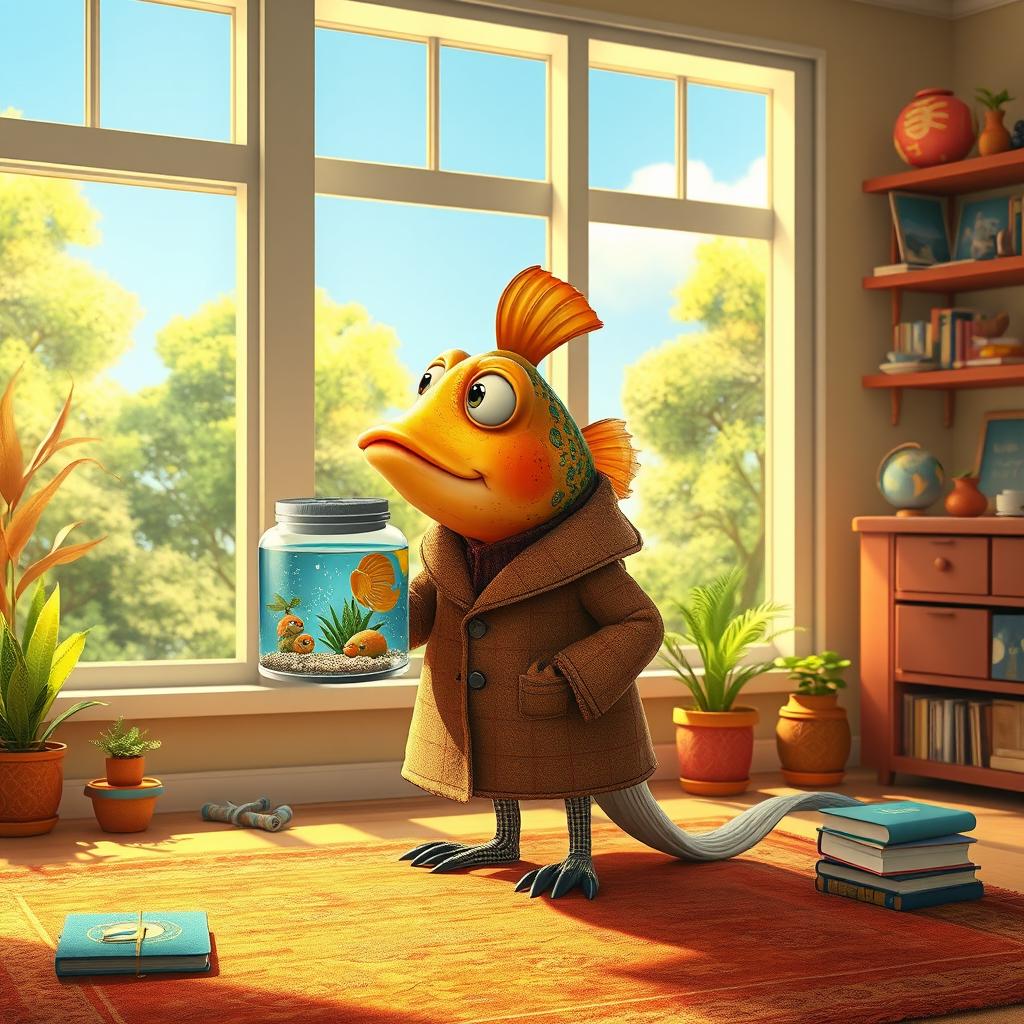 A whimsical scene featuring a fish wearing a stylish coat, holding a fish tank in its fin, gazing out of a large window