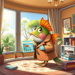 A whimsical scene featuring a fish wearing a stylish coat, holding a fish tank in its fin, gazing out of a large window