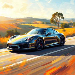 An impressionist painting of a sleek, modern Porsche sports car, captured in vibrant colors and dynamic brush strokes to convey motion and speed