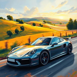 An impressionist painting of a sleek, modern Porsche sports car, captured in vibrant colors and dynamic brush strokes to convey motion and speed