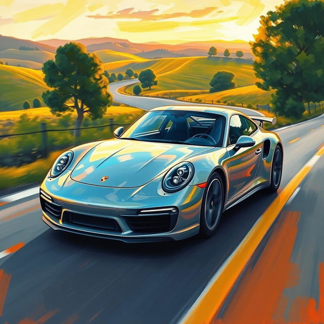 An impressionist painting of a sleek, modern Porsche sports car, captured in vibrant colors and dynamic brush strokes to convey motion and speed