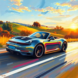 An impressionist painting of a sleek, modern Porsche sports car, captured in vibrant colors and dynamic brush strokes to convey motion and speed