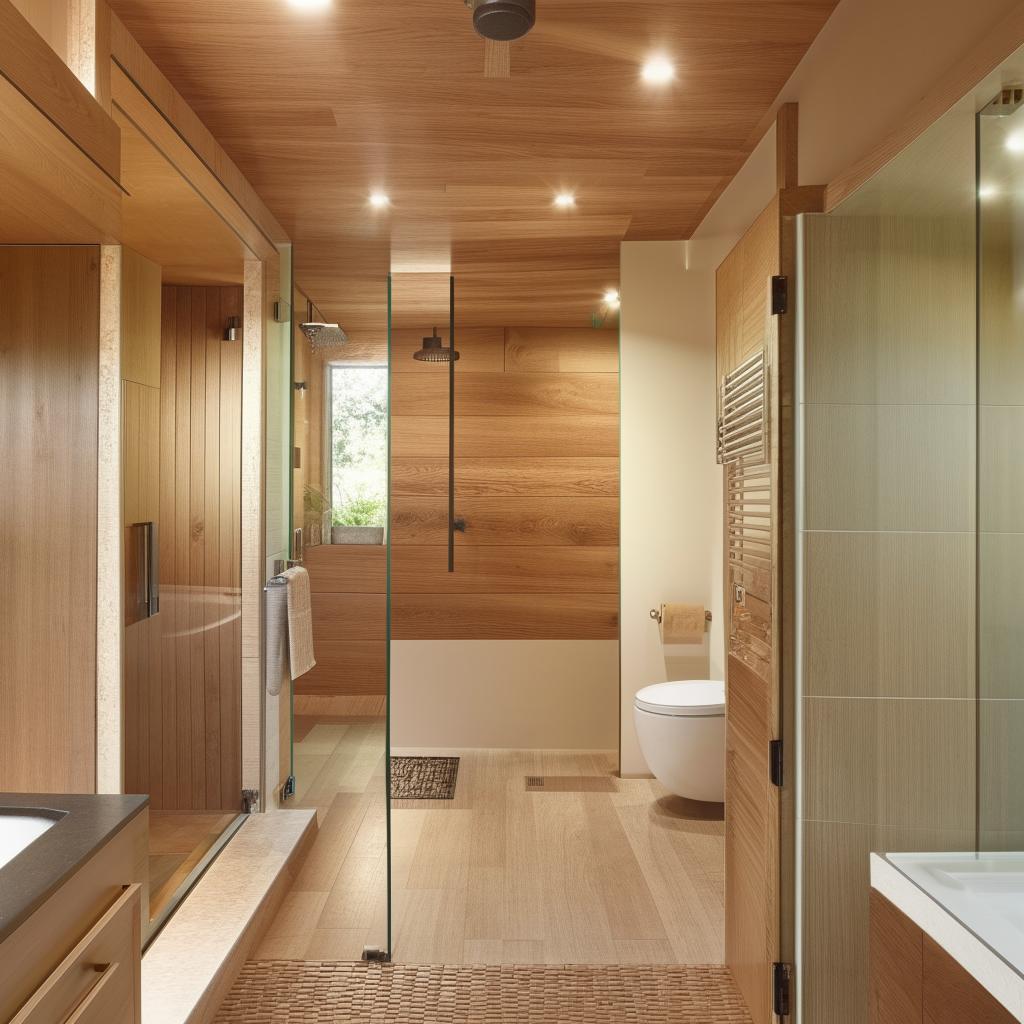 A modern, well-appointed bathroom featuring brown and ivory wooden tile planks, creating a warm and inviting ambiance.