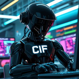 A striking black robot, designed with a sleek and aggressive aesthetic, is depicted actively working at a computer