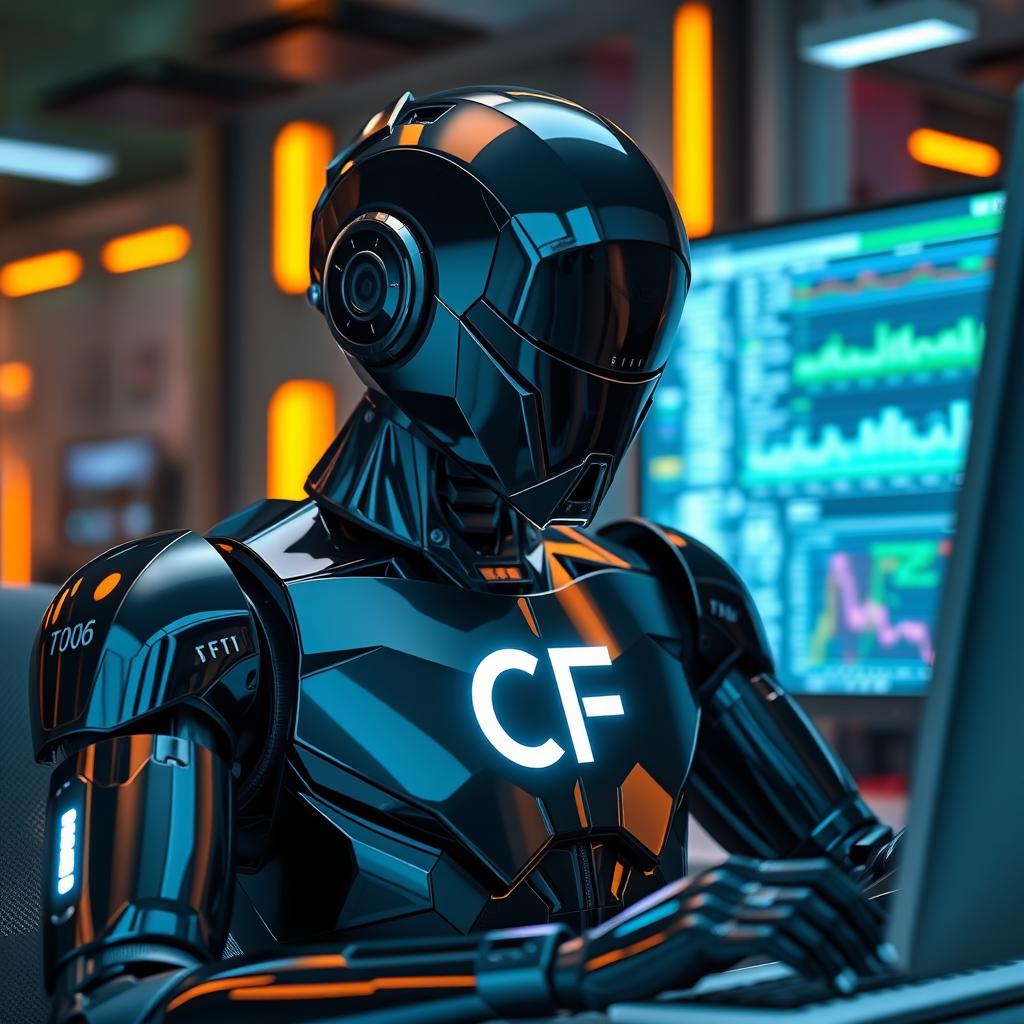 A striking black robot, designed with a sleek and aggressive aesthetic, is depicted actively working at a computer