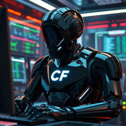 A striking black robot, designed with a sleek and aggressive aesthetic, is depicted actively working at a computer