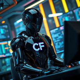 A striking black robot, designed with a sleek and aggressive aesthetic, is depicted actively working at a computer