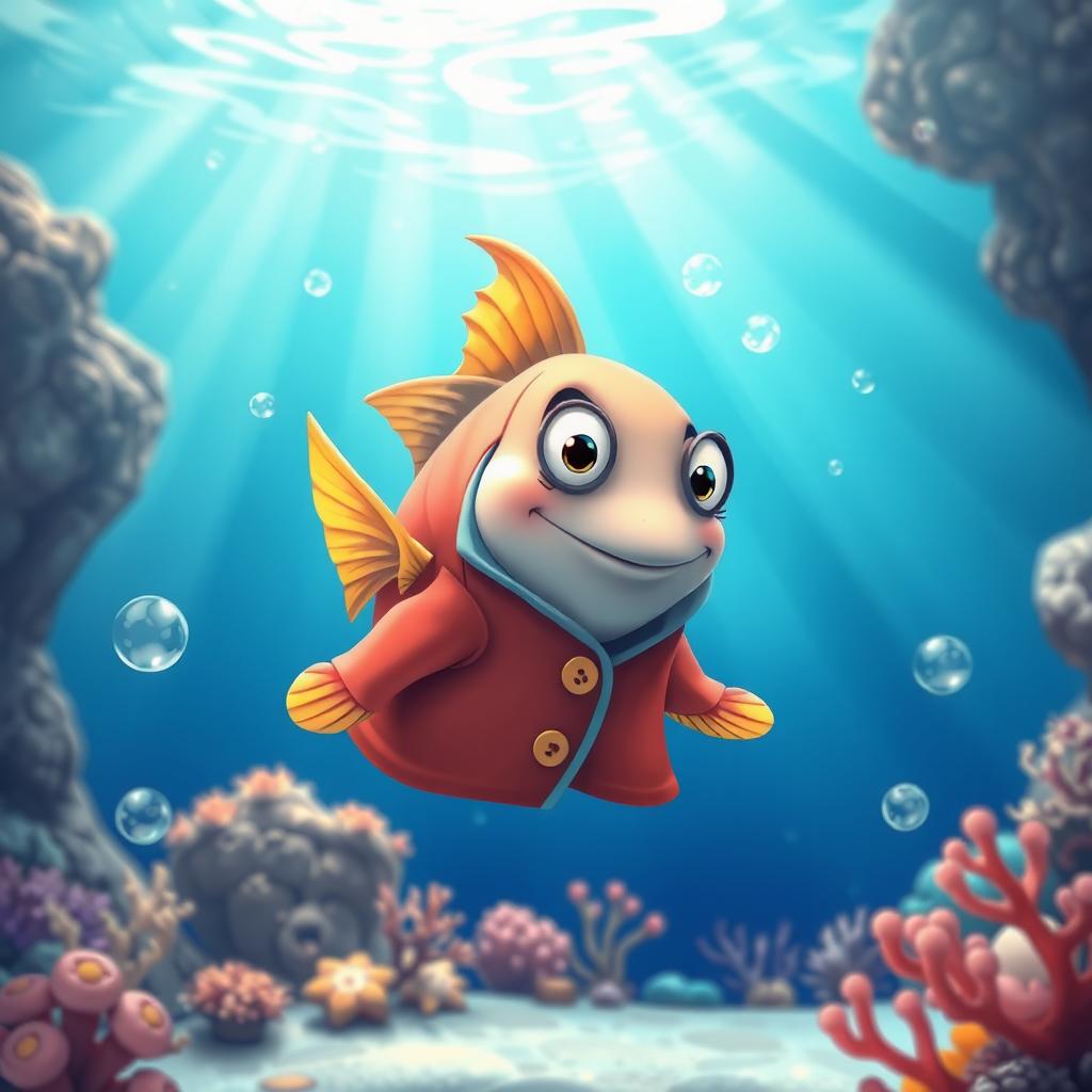 A whimsical scene featuring a cartoonish fish wearing a stylish coat