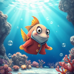 A whimsical scene featuring a cartoonish fish wearing a stylish coat