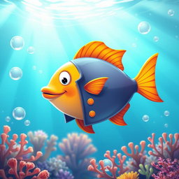 A whimsical scene featuring a cartoonish fish wearing a stylish coat
