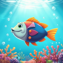 A whimsical scene featuring a cartoonish fish wearing a stylish coat