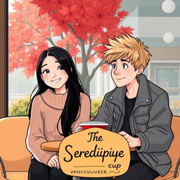 An illustration featuring two strangers, an Indonesian girl and a Canadian boy, sitting together in a cozy coffee shop in Vancouver