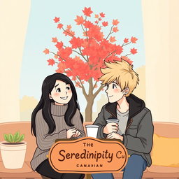 An illustration featuring two strangers, an Indonesian girl and a Canadian boy, sitting together in a cozy coffee shop in Vancouver