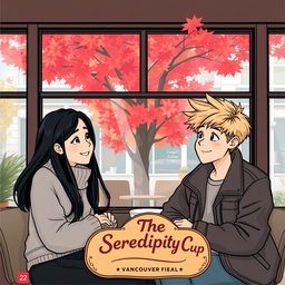 An illustration featuring two strangers, an Indonesian girl and a Canadian boy, sitting together in a cozy coffee shop in Vancouver