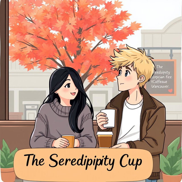 An illustration featuring two strangers, an Indonesian girl and a Canadian boy, sitting together in a cozy coffee shop in Vancouver