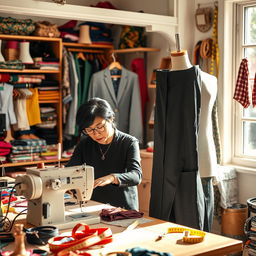 A creative workspace featuring a tailor expertly crafting a pair of trousers