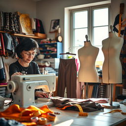 A creative workspace featuring a tailor expertly crafting a pair of trousers