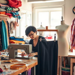 A creative workspace featuring a tailor expertly crafting a pair of trousers