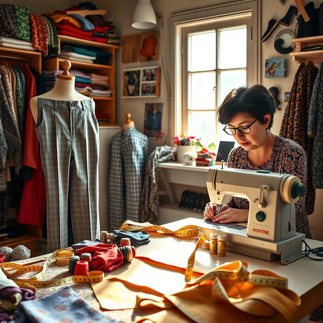 A creative workspace featuring a tailor expertly crafting a pair of trousers