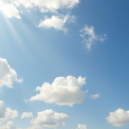 A serene sky background, featuring fluffy white clouds scattered across a bright blue sky