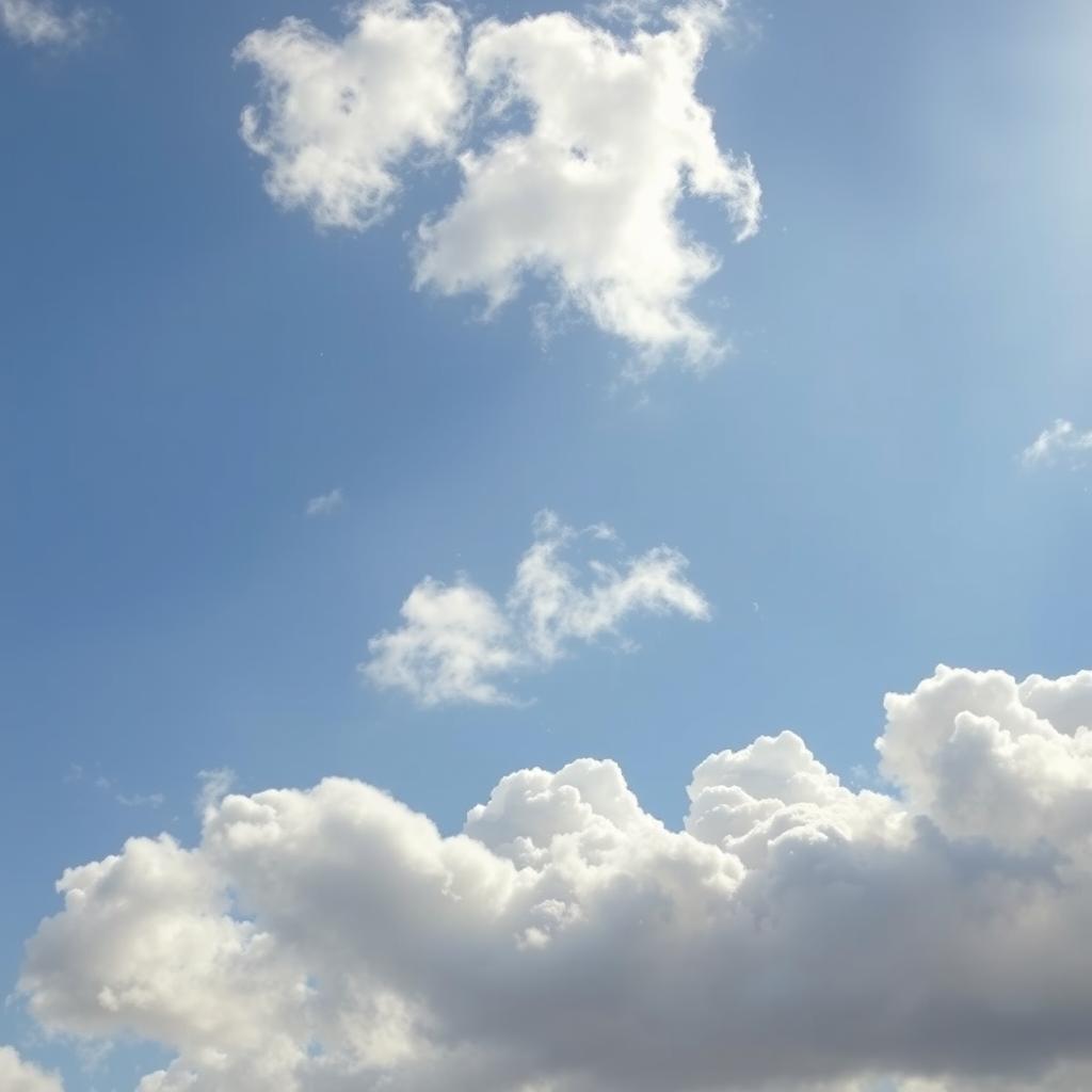 A serene sky background, featuring fluffy white clouds scattered across a bright blue sky