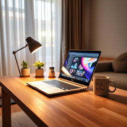 A sleek and modern laptop resting on a minimalist wooden desk