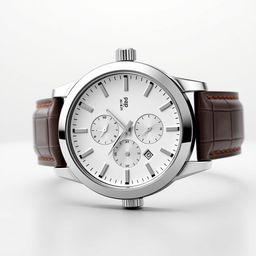 A stylish luxury watch design featuring a sleek stainless steel case, a minimalist white dial with silver hour markers, and a leather strap