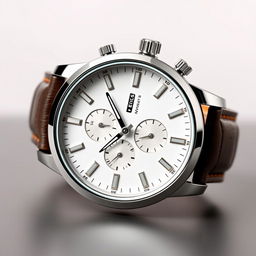 A stylish luxury watch design featuring a sleek stainless steel case, a minimalist white dial with silver hour markers, and a leather strap