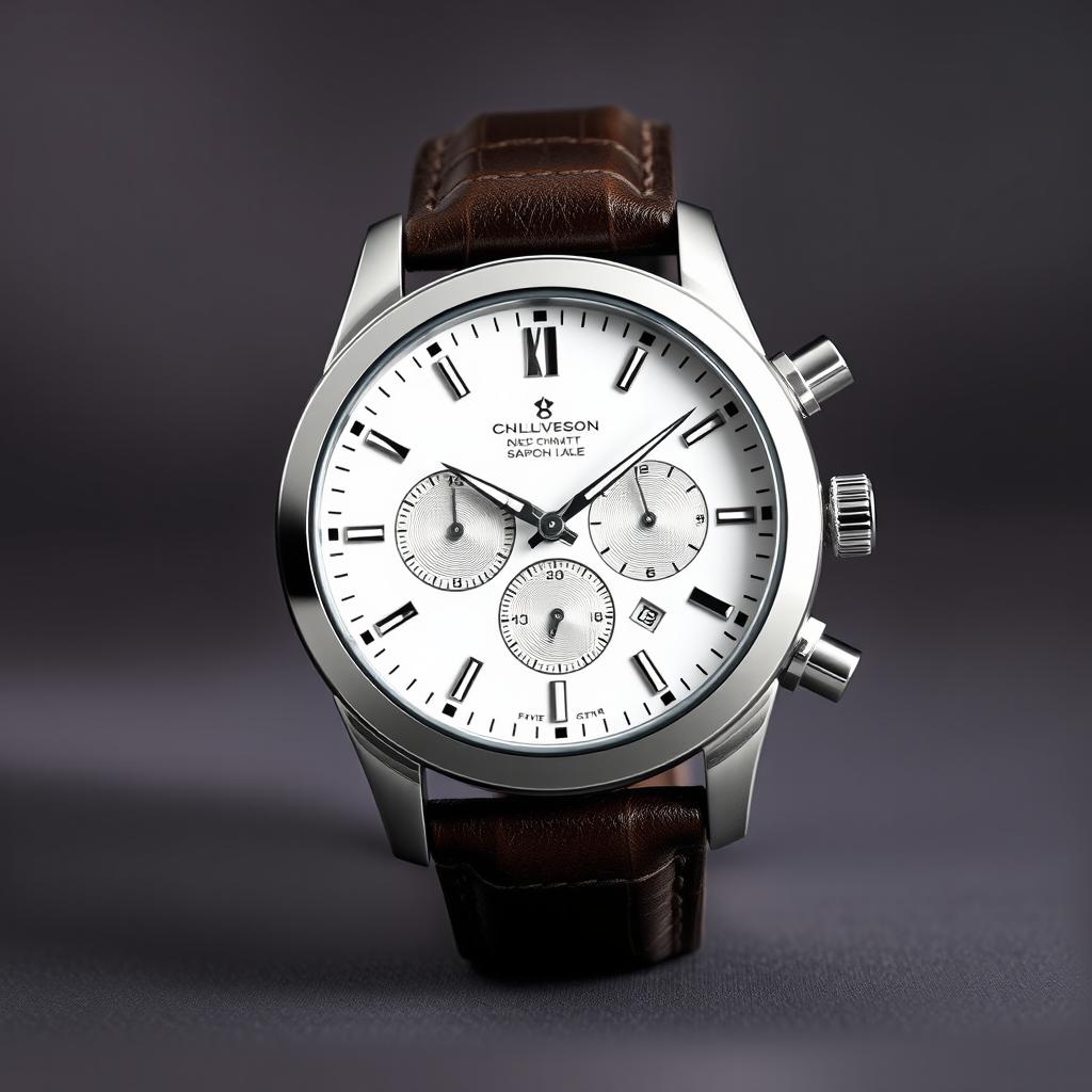 A stylish luxury watch design featuring a sleek stainless steel case, a minimalist white dial with silver hour markers, and a leather strap
