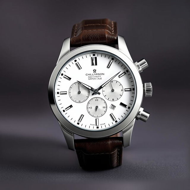 A stylish luxury watch design featuring a sleek stainless steel case, a minimalist white dial with silver hour markers, and a leather strap