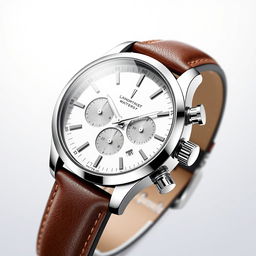 A stylish luxury watch design featuring a sleek stainless steel case, a minimalist white dial with silver hour markers, and a leather strap