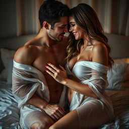 A suggestive and artistic portrayal of intimacy between two adults, set in a softly lit bedroom