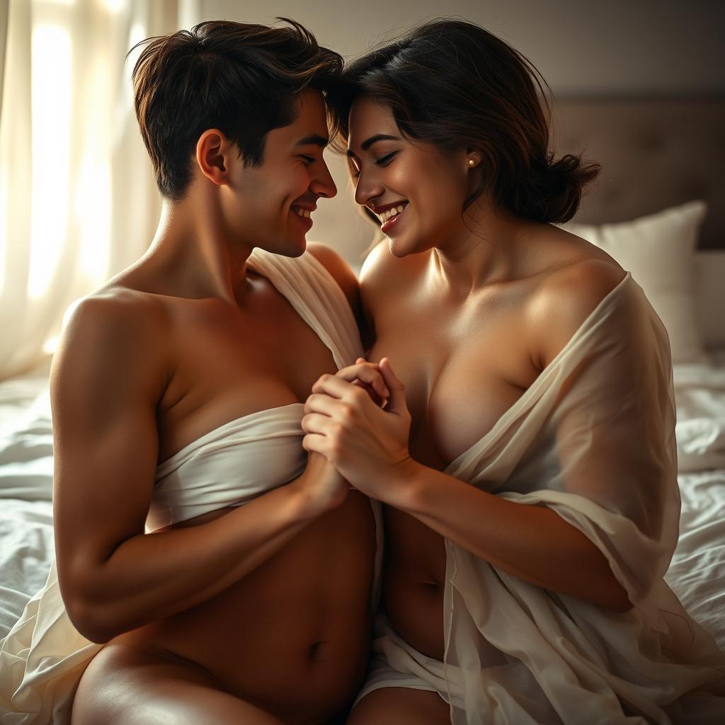A suggestive and artistic portrayal of intimacy between two adults, set in a softly lit bedroom