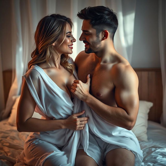 A suggestive and artistic portrayal of intimacy between two adults, set in a softly lit bedroom