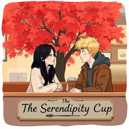 An illustration depicting two strangers, an Indonesian girl with long black hair wearing a stylish sweater, and a Canadian boy with short blond hair dressed in a casual jacket, sitting together in a quaint coffee shop in Vancouver