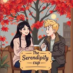 An illustration depicting two strangers, an Indonesian girl with long black hair wearing a stylish sweater, and a Canadian boy with short blond hair dressed in a casual jacket, sitting together in a quaint coffee shop in Vancouver