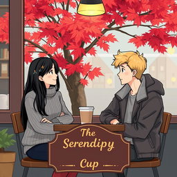 An illustration depicting two strangers, an Indonesian girl with long black hair wearing a stylish sweater, and a Canadian boy with short blond hair dressed in a casual jacket, sitting together in a quaint coffee shop in Vancouver